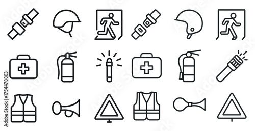 Safety and emergency flat icons set – outline, linear, warning and protection symbols