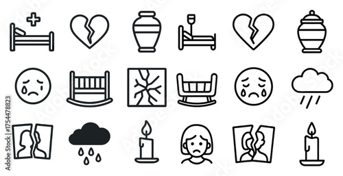 Loss and grief icons set – linear, outline, mourning and bereavement symbols
