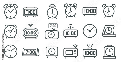 Time and clock outline icons set – linear, line, alarm and watch symbols