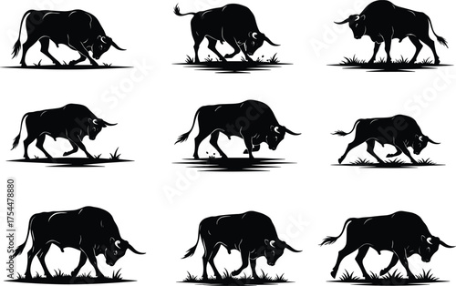 Bull silhouette vector collection, charging bull illustration, grazing cattle graphic, strong animal poses, black bull icon set, livestock artwork design