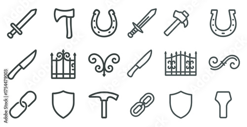Medieval weaponry and armor line icons set – outline, historical, battle symbols