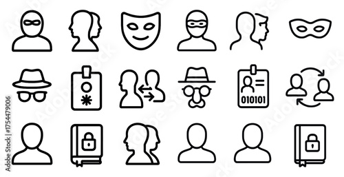 Identity and security icons set – outline, linear, privacy and surveillance graphics