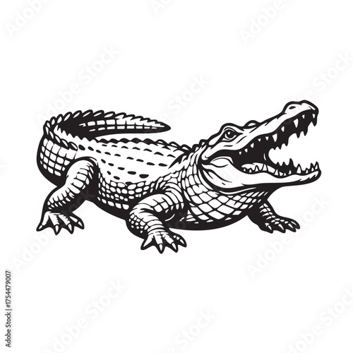 Aggressive alligator with open mouth, black and white vector illustration.