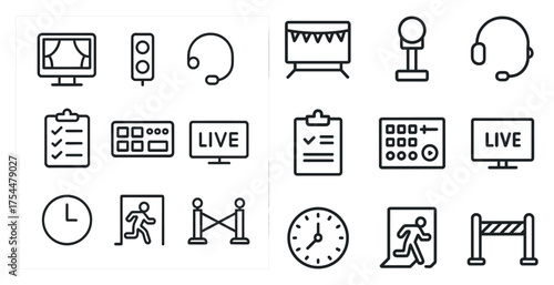 Live event linear icons set – audio, video, broadcast symbols for streaming