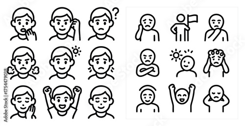 Emotion and expression icons set – outline, linear, feelings and mood symbols