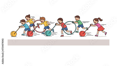 Kids Game: Children enthusiastically compete in a fun, colorful game. A celebration of childhood joy and activity, where vibrant circles are used.