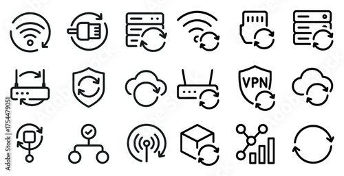 Network and technology line icons set – outline, linear, connectivity symbols
