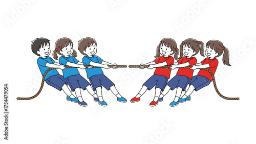 Tug-of-War Showdown: A spirited illustration depicts two teams of children engaged in an intense tug-of-war contest, embodying teamwork, determination, and friendly competition.