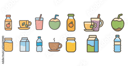 Beverage icons set in outline style – drink, refreshment, juice symbols