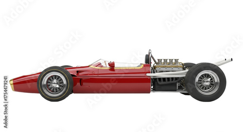 Isolated side view of a classic red racing car from the mid-1960s with exposed engine