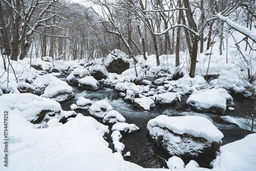Snowy forest and icy river scene with untouched snow and clear water, symbolizing the peaceful harmony of winter nature in Japan.