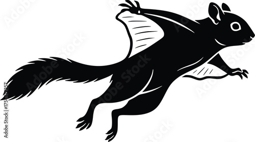 Flying squirrel silhouette in mid-air, black and white vector icon.