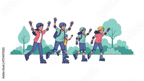 Joyful Inline Skating Adventure: A lively family revels in the thrill of inline skating in a sun-drenched park, arms raised in joyous celebration of the active lifestyle. 