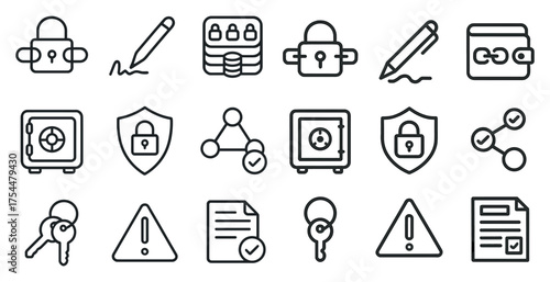Security and protection icons set – outline, line, safeguard and safety symbols