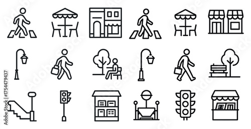 Urban life icons set – outline, linear, city and street symbols
