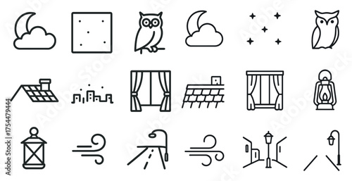 Night and nature outline icons set – linear, silhouette, wildlife and celestial symbols