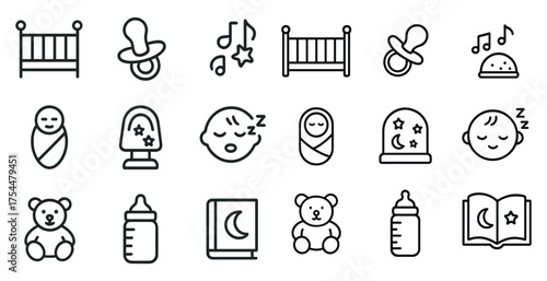 Baby and nursery outline icons set – linear, silhouette, infant care graphics