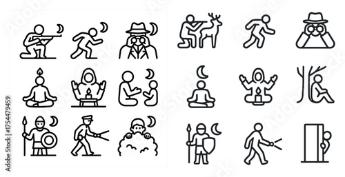 Meditation and hunting outline icons set – linear, silhouette, spiritual, wildlife symbols