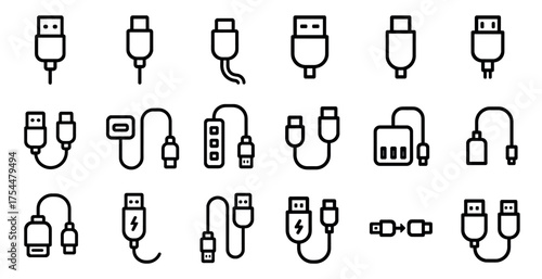 Usb and charging cable icons set – line, outline, connectors and tech symbols