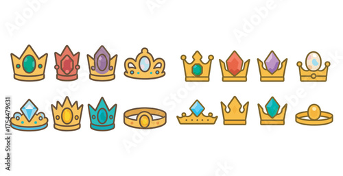 Royal crown icons set – flat, outline, regal and jeweled symbols