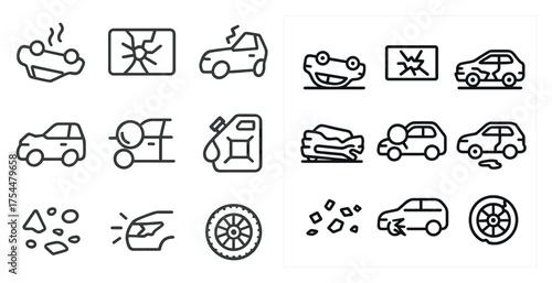 Car accident outline icons set – linear, collision, vehicle damage symbols