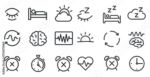 Sleep and relaxation line icons set – outline, calming, restful symbols