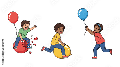 Joyful Playtime: Capturing the exuberance of childhood, a trio of diverse children is engaged in playful interactions with vibrant balloons and bouncy balls.