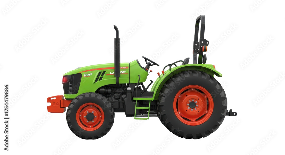 Obraz premium Isolated Green Tractor Side View, Farm Machinery for Agriculture and Landscaping Work