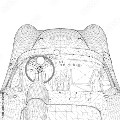 Retro sport car cabriolet wireframe drawing on white background, featuring detailed car interior, vector illustration, blueprint design, and 3D model. This is a professional vector illustration.