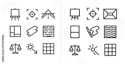 Art and design outline icons set – linear, sketch, creative tools collection