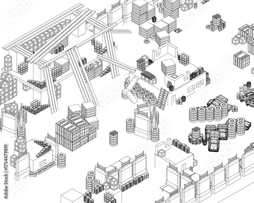 Low poly warehouse map with geometric boxes and containers in black and white contour lines. This asset represents organized storage and logistics on a clean white background.
