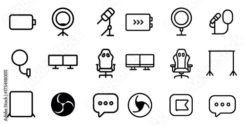 Podcast and streaming line icons set – linear, outline, broadcast and recording visuals