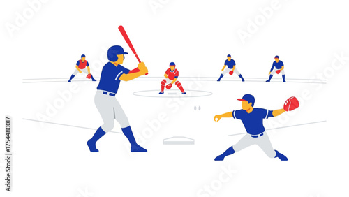 Baseball Game Illustration: Dynamic illustration of a baseball game in action, a pitcher in mid-throw, a batter ready to swing, fielders strategically positioned.
