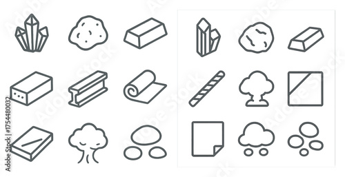 Natural resources outline icons set – linear, minimal, minerals and materials symbols