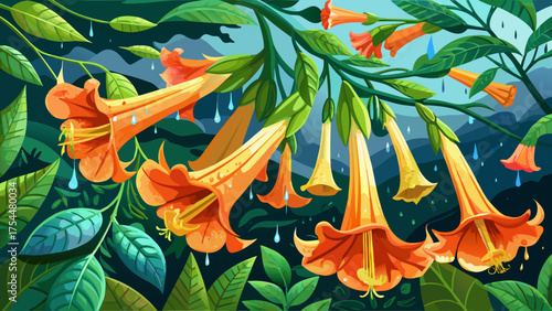 Very beautiful macro photograph of trumpet vine (Campsis radicans) blooms glistening with raindrops, vibrant orange-red petals, detailed textures, and lush green foliage in Raleigh, North Carolina.