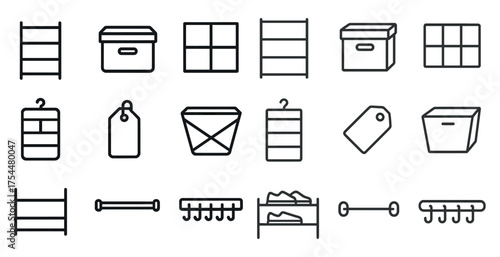 Storage and organization icons set – outline, linear, decluttering and tidying symbols