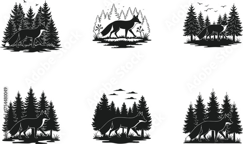 Deer silhouette vector, forest wildlife scene, grazing deer illustration, black nature art, woodland animal design, peaceful habitat concept, birds and trees