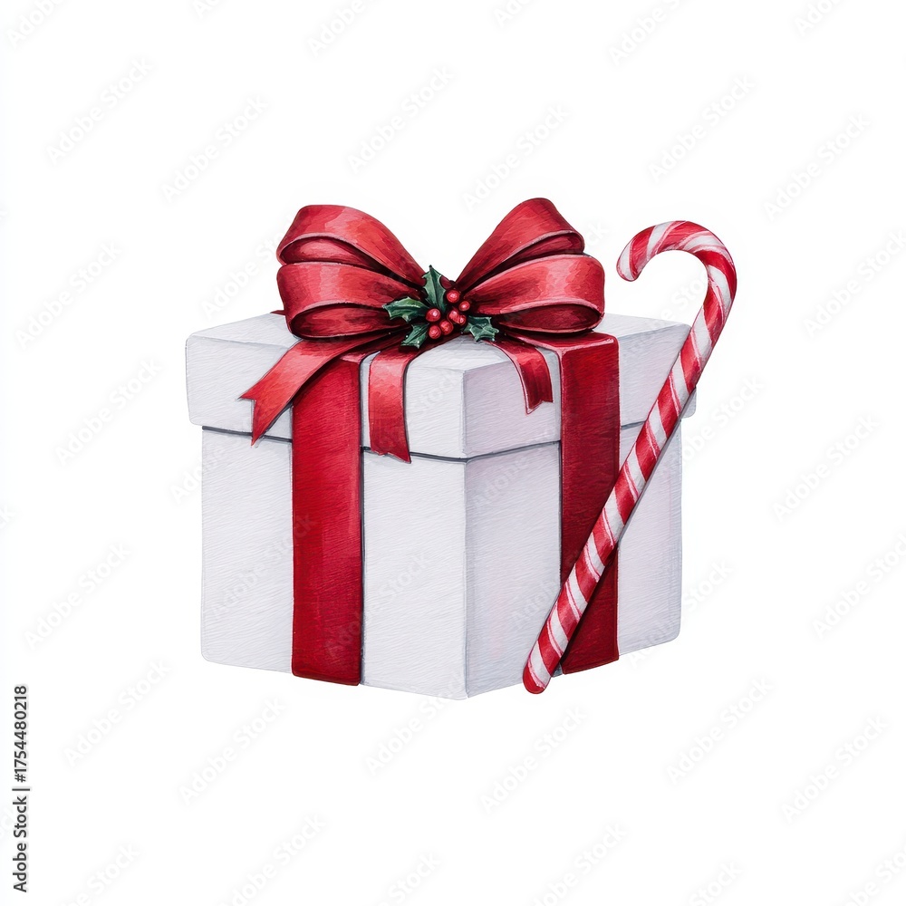 Obraz premium White gift box with red ribbon and holly next to a candy cane isolated on white