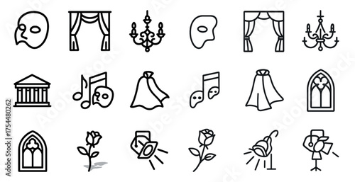 Theater and performance icons set – outline, drama, stage and show symbols