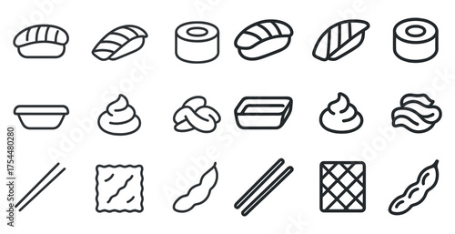 Sushi and food outline icons set – line, linear, japanese cuisine and gastronomy
