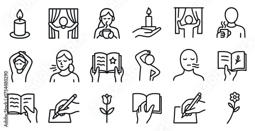 Wellness and relaxation line icons set – outline, mindfulness, self-care symbols