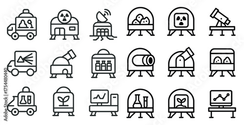 Science and research outline icons set – lab, laboratory, scientific symbols