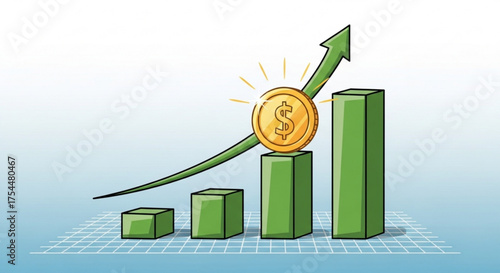 Financial growth illustration with coin on bar graph and upward arrow, symbolizing investment success and economic progress