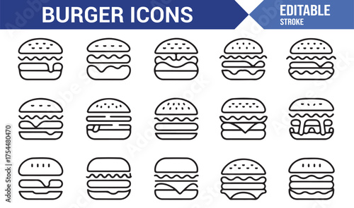 Outline vector burger pack — fast food, meal, and sandwich art set
