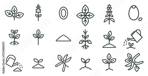 Gardening and plant care line icons set – outline, flat, horticulture symbols