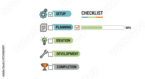 Checklist progress bar a visual representation of project stages, from setup to completion, with percentage indication