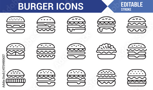 Simple line burger icons collection for fast food illustration projects