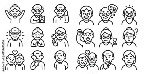Elderly people outline icons set – flat, line, senior citizen symbols for designs