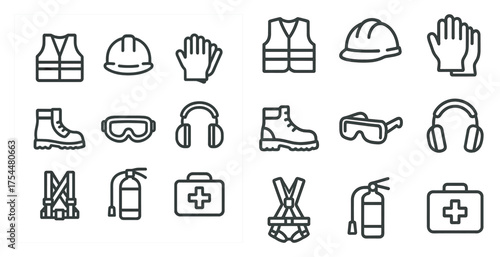 Safety gear outline icons set – linear, construction, protective equipment symbols