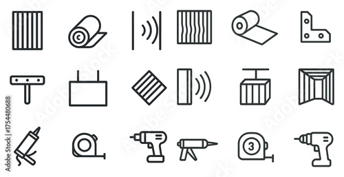 Soundproofing and construction outline icons set – line, acoustic, building tools